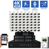 64 Channel NVR Security Camera System with 56 * 8MP IP Bullet 2.8mm Fixed Lens Camera, Human / Vehicle Detection, Built-In Microphone, PoE, White Light (GW802701M56-16T)