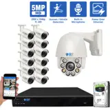 16 Channel NVR Security Camera System with 12 * 5MP IP Bullet 2.8mm Fixed Lens Camera, 1 * 5MP Mini IP PTZ 2.7-13.5mm Motorized Lens Camera, Human / Vehicle Detection, Built-In Microphone, PoE (GW5037IP12-GW501PTZ1-4T)