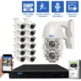 16 Channel NVR Security Camera System with 12 * 5MP IP Bullet 2.8mm Fixed Lens Camera, 2 * 5MP Mini IP PTZ 2.7-13.5mm Motorized Lens Camera, Human / Vehicle Detection, Built-In Microphone, PoE (GW5037IP12-GW501PTZ2-4T)