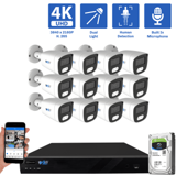 16-Channel NVR Security Camera System with 12 * 8MP IP POE 2.8mm Fixed Lens Bullet Security Cameras, Built-in Microphone, Human Detection, Dual-Light (GW832701M12-4T)