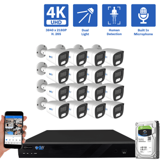 16-Channel NVR Security Camera System with 16 * 8MP IP POE 2.8mm Fixed Lens Bullet Security Cameras, Built-in Microphone, Human Detection, Dual-Light (GW832701M16-4T)