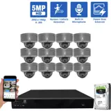 16 Channel NVR Security Camera System with 12 * 5MP IP Black/Grey Dome 2.8mm Fixed Lens Camera, Built In Mic, Human / Vehicle Detection, PoE (SECU5-32NMIC12-4T)