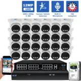 32 Channel NVR Security Camera System with 24 * 12MP 6K IP 2.8mm Fixed Lens Turret Security Camera, Human / Vehicle Detection, Smart AI Analytics, Built-In Microphone, PoE (GW1263601M24-16T)