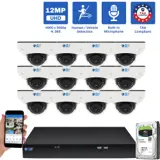 16 Channel NVR Security Camera System with 12 * 6K 12MP IP 2.8mm Fixed Lens Mini-Dome Security Camera, Human / Vehicle Detection, Smart AI Analytics, Built-In Microphone, PoE (GW1263301M12-8T)