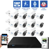 16 Channel Coaxial Security Camera System with 12 * 5MP Analog Bullet 2.8mm Fixed Lens Camera, Human / Vehicle Detection, Built-In Mic (GW53701HDMIC12-4T)