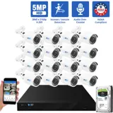 16 Channel Coaxial Security Camera System with 16 * 5MP Analog Bullet 2.8mm Fixed Lens Camera, Human / Vehicle Detection, Built-In Mic (GW53701HDMIC16-4T)