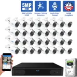 32 Channel Coaxial Security Camera System with 32 * 5MP Analog Bullet 2.8mm Fixed Lens Camera, Human / Vehicle Detection, Built-In Mic (GW53701HDMIC32-8T)