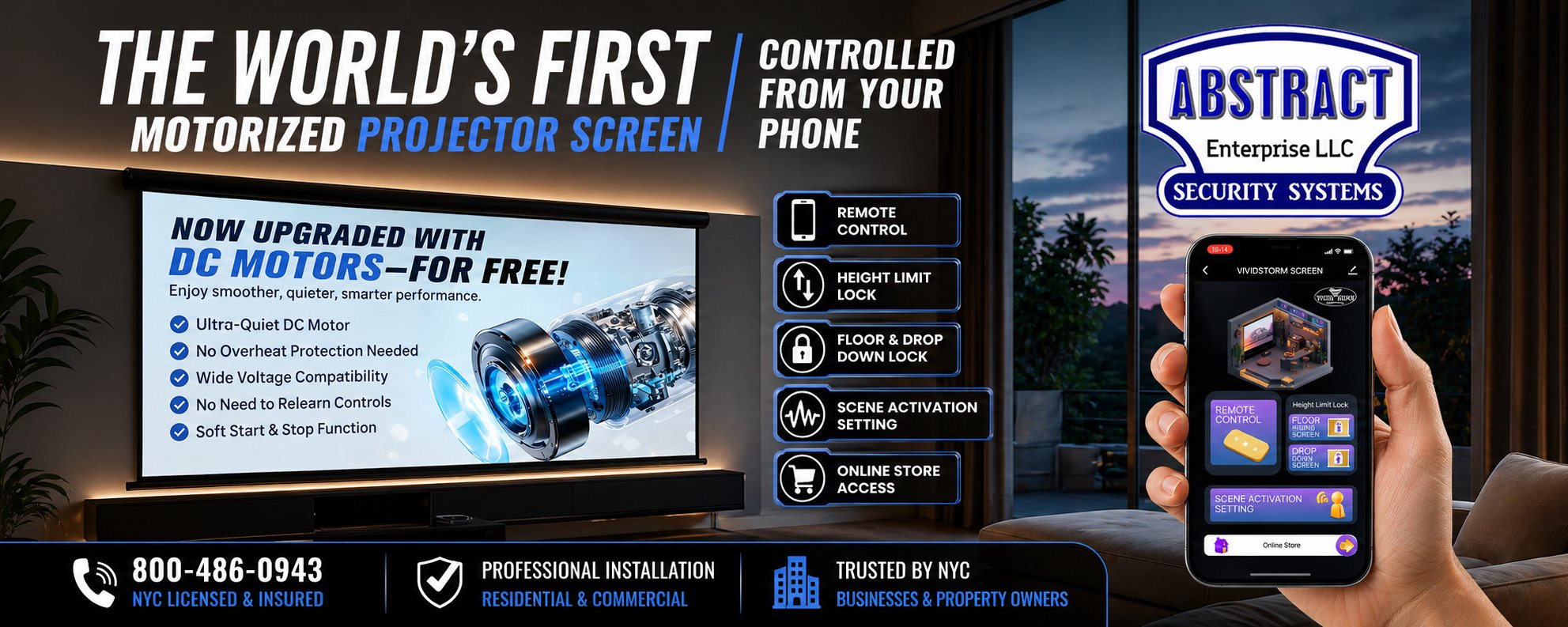 Abstract Enterprises motorized projector screen with phone control — DC motor, scene activation, height limit lock, drop down lock — installed across the Bronx