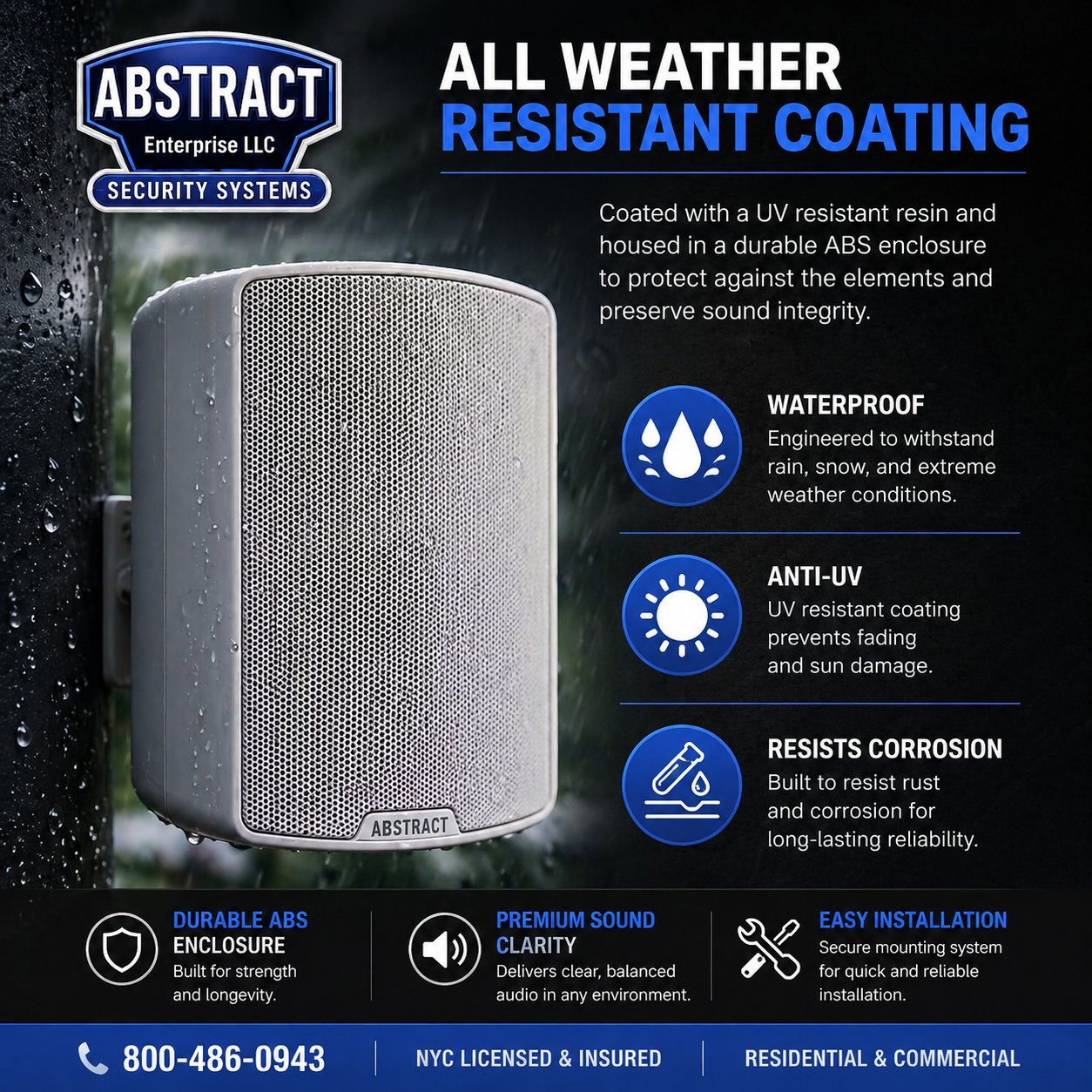 Abstract Premium Acoustics all-weather outdoor speaker — UV-resistant resin, durable ABS enclosure, waterproof, anti-corrosion — for Bronx patios, pool decks, and outdoor kitchens