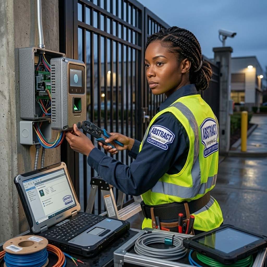 Access control gate reader and biometric panel installation at Brooklyn commercial property