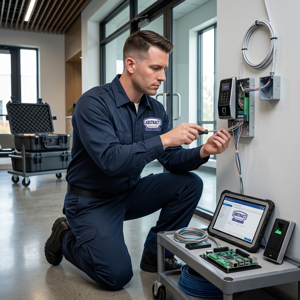 Professional access control keypad and card reader wiring at Brooklyn commercial building