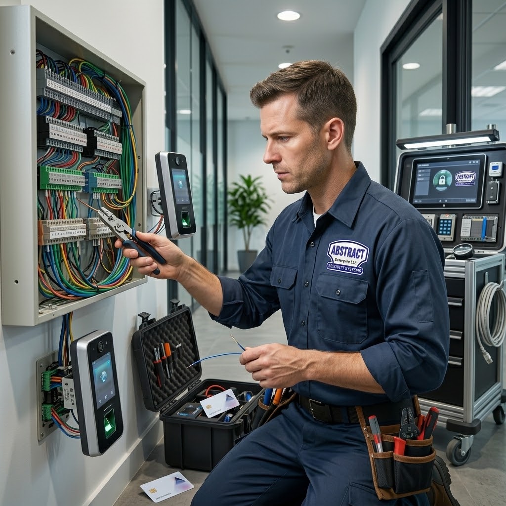 Abstract Enterprises technician installing access control system at Brooklyn apartment building