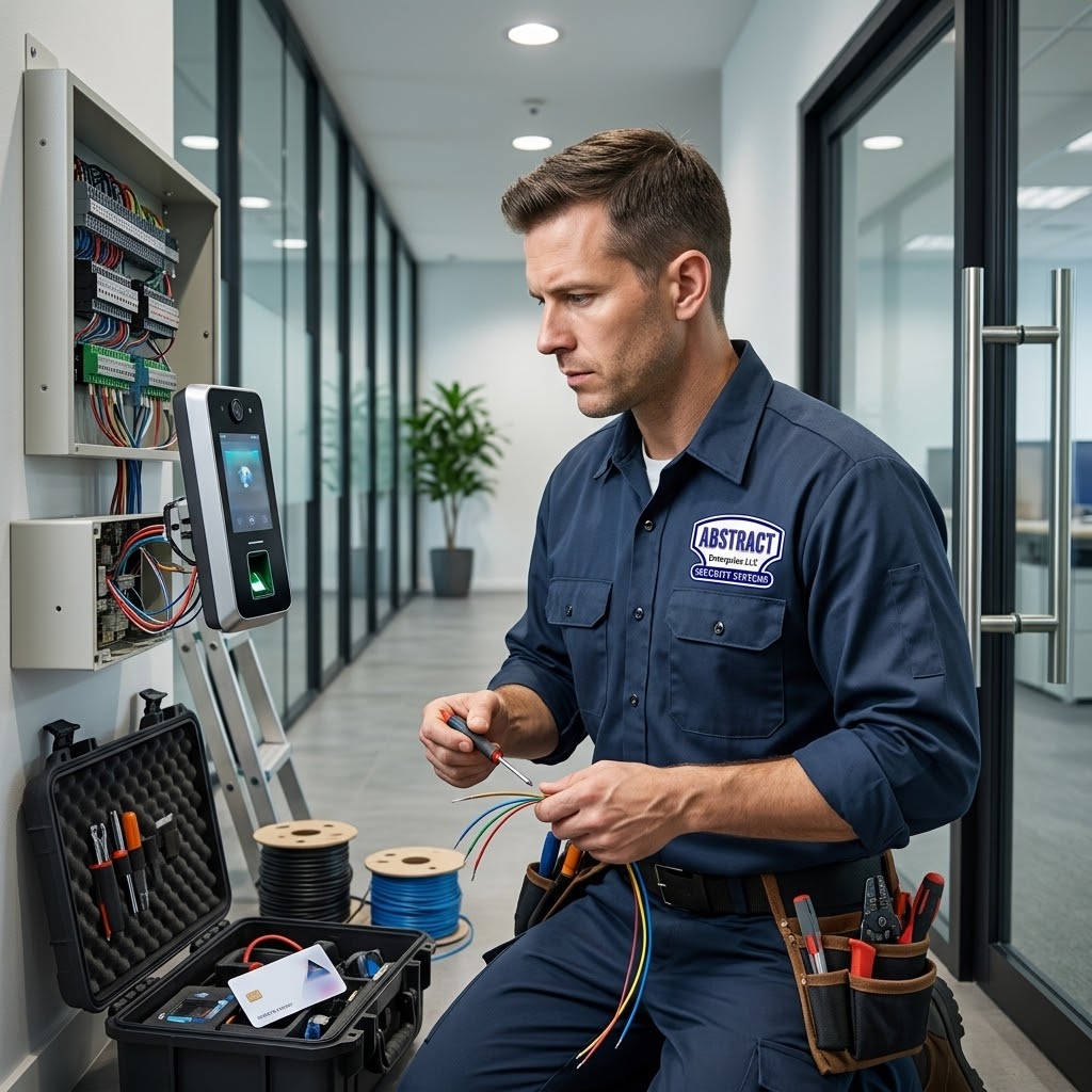 Licensed technician performing low-voltage access control wiring at Brooklyn building