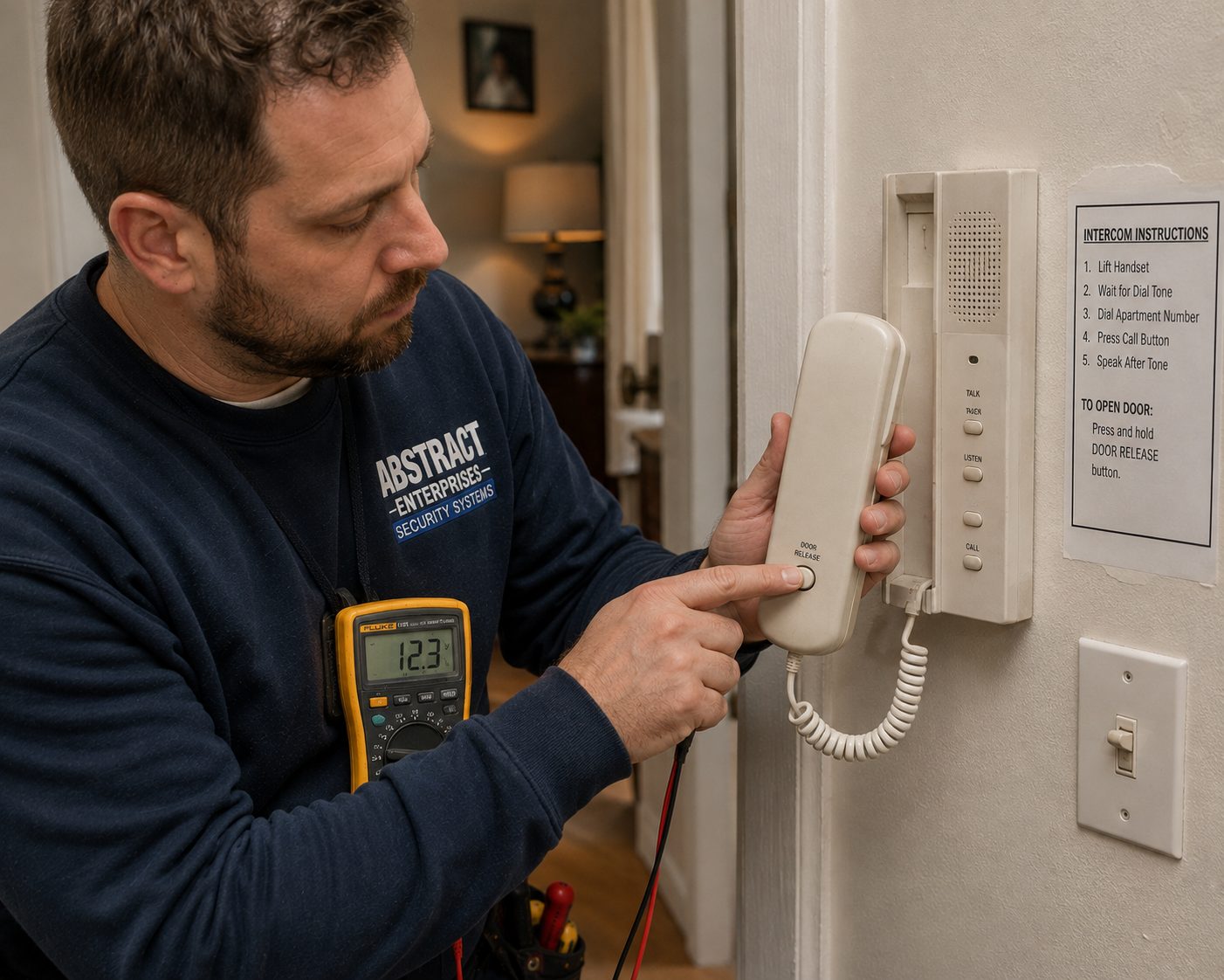 Door buzzer repair Fordham Heights Bronx technician verifying the door release from an apartment handset in a subdivided prewar building on Walton Avenue