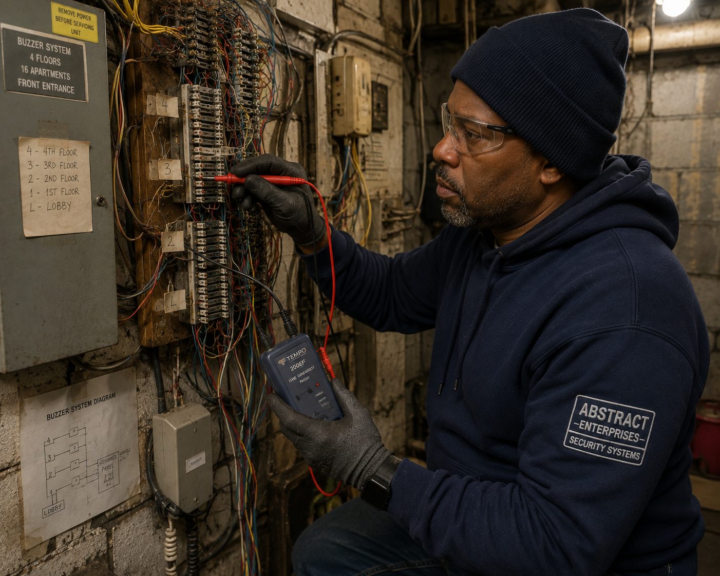 Door buzzer repair Fordham Heights Bronx technician diagnosing a basement buzzer terminal panel serving a subdivided six-story walk-up