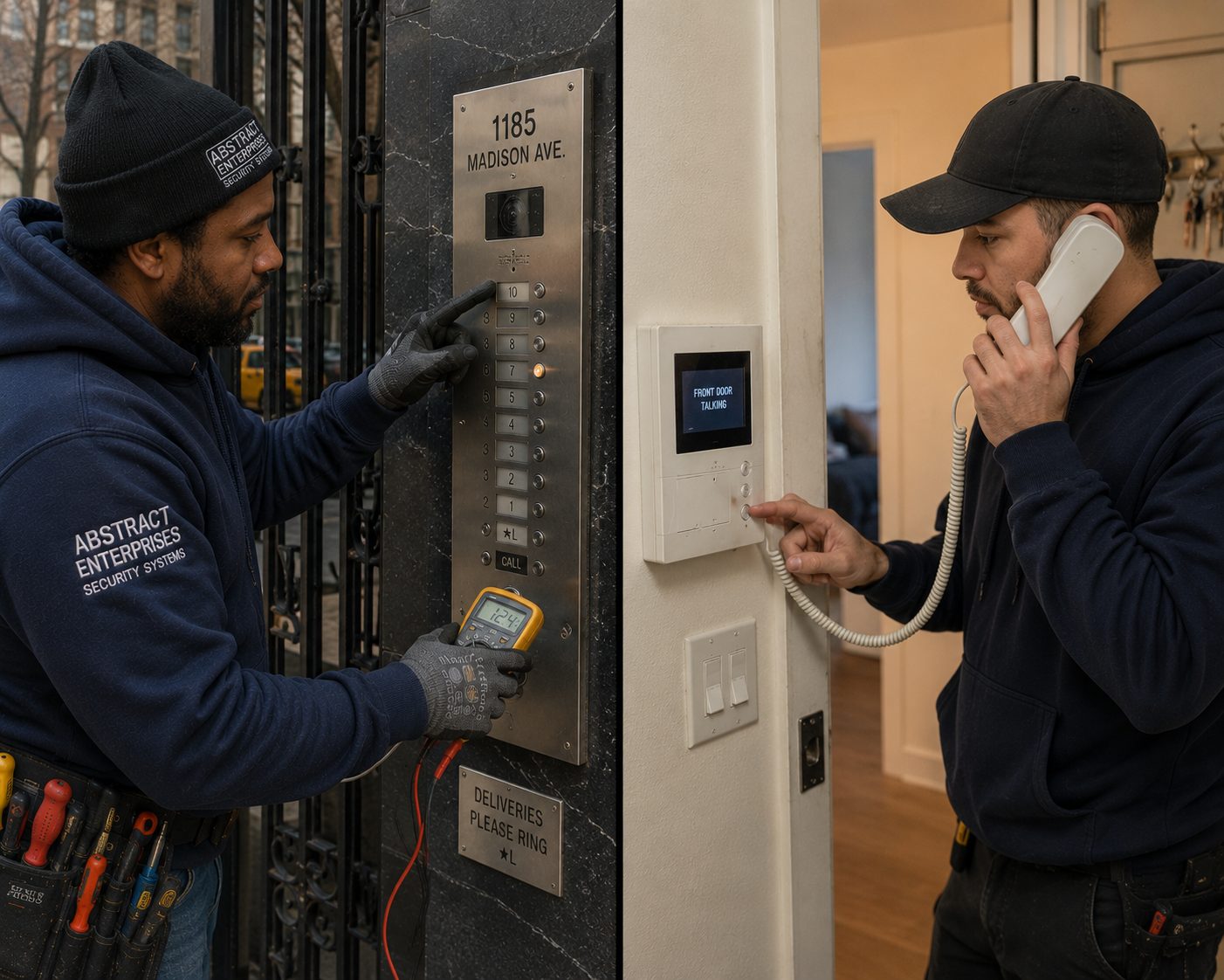 Door buzzer repair Fordham Heights Bronx technicians coordinating a lobby-to-apartment door release test in a six-story near E 184th Street