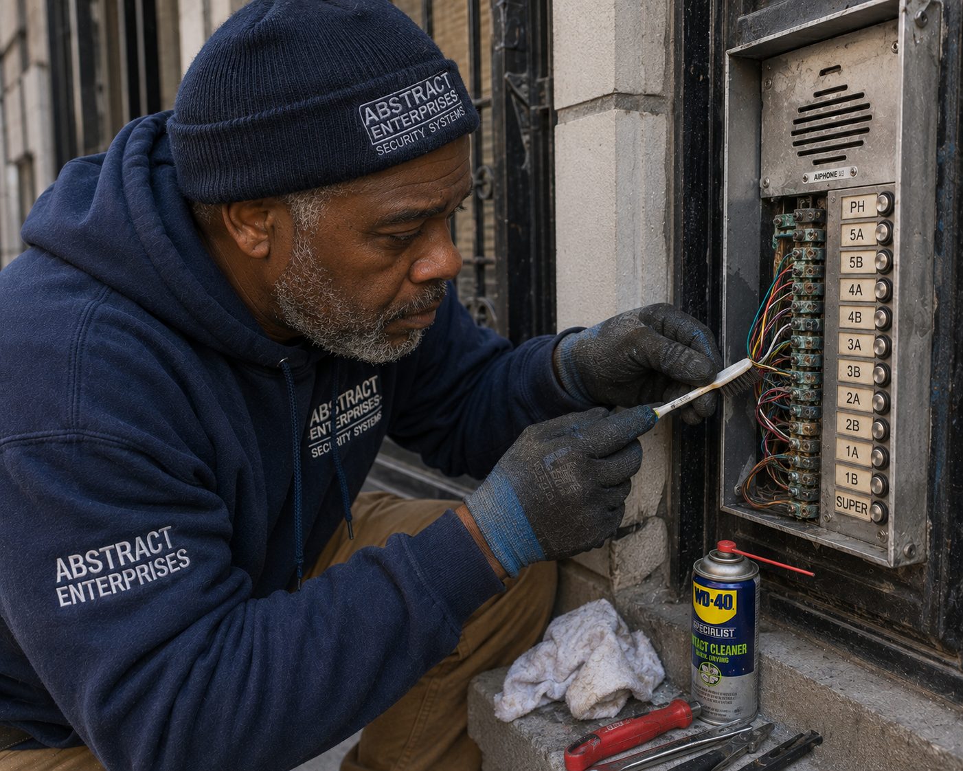 Door buzzer repair Fordham Heights Bronx technician cleaning corroded contacts on a hard-worked entry panel near the Grand Concourse flank