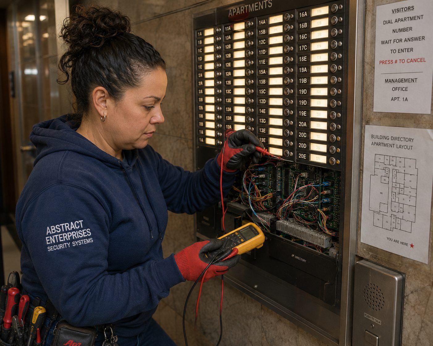 Door buzzer repair Fordham Heights Bronx technician troubleshooting a full-building lobby directory panel in a prewar six-story off Ryer Avenue