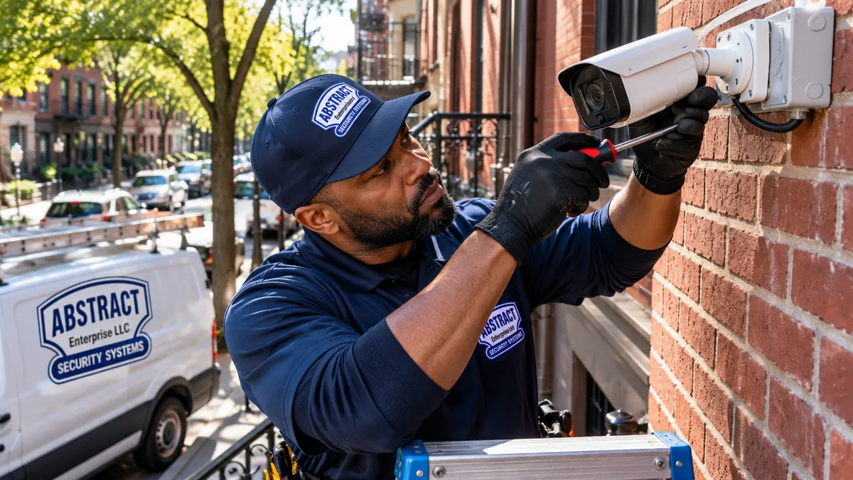 Technician replacing an outdoor bullet camera on a brick wall - Brooklyn camera repair