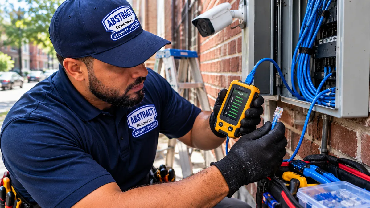Technician testing a camera Cat6 run with a cable tester - Long Island camera repair