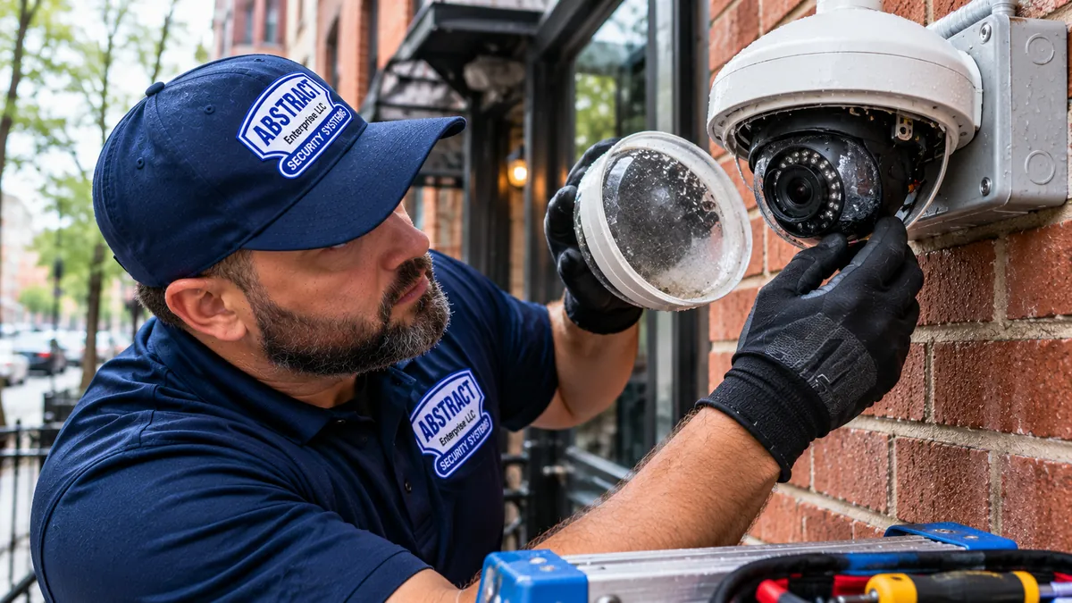 Technician opening a fogged outdoor dome camera to fix moisture - Long Island camera repair