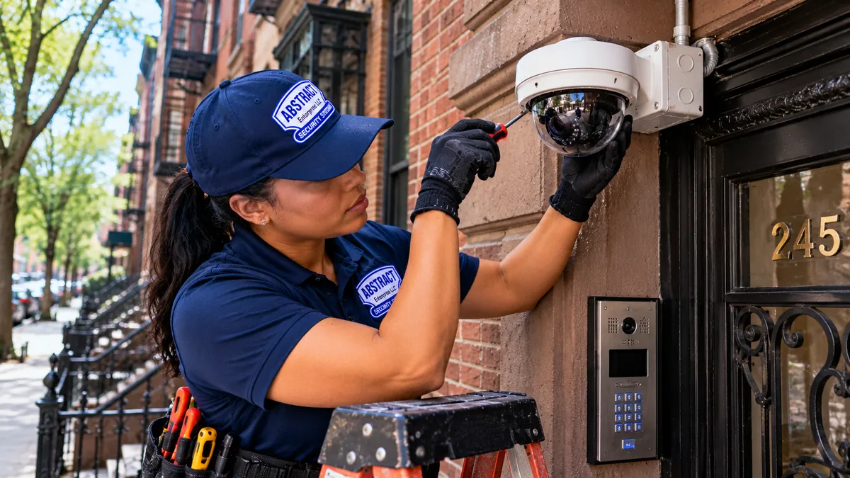 Technician servicing a dome camera over a building entrance - Brooklyn camera repair