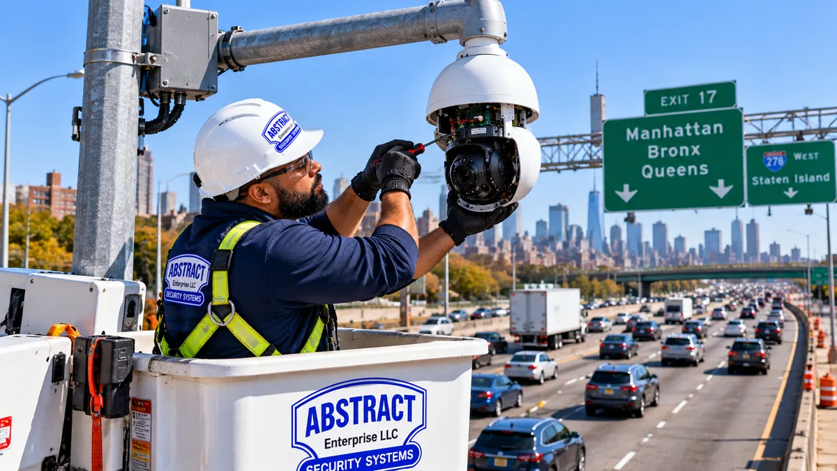 Technician repairing a pole-mounted PTZ camera from a bucket truck - the Bronx camera repair