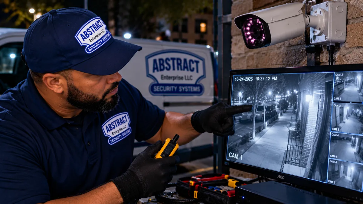 Technician checking night-vision camera footage after a repair - Long Island camera repair