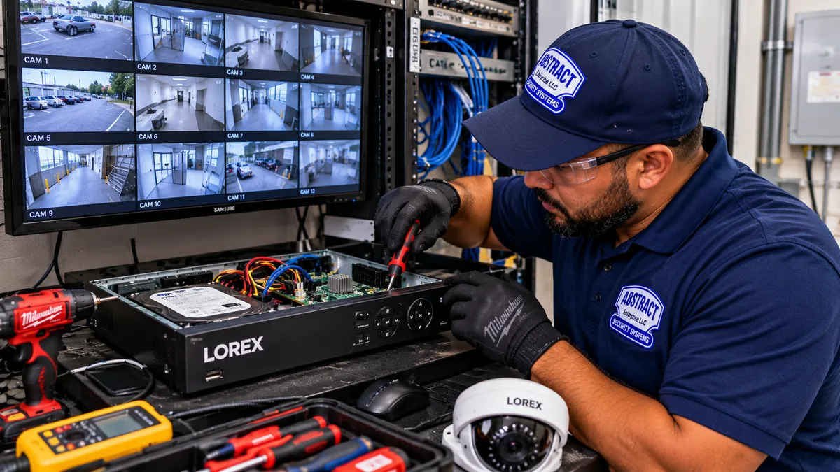 Technician replacing the hard drive inside a network video recorder - Long Island camera repair