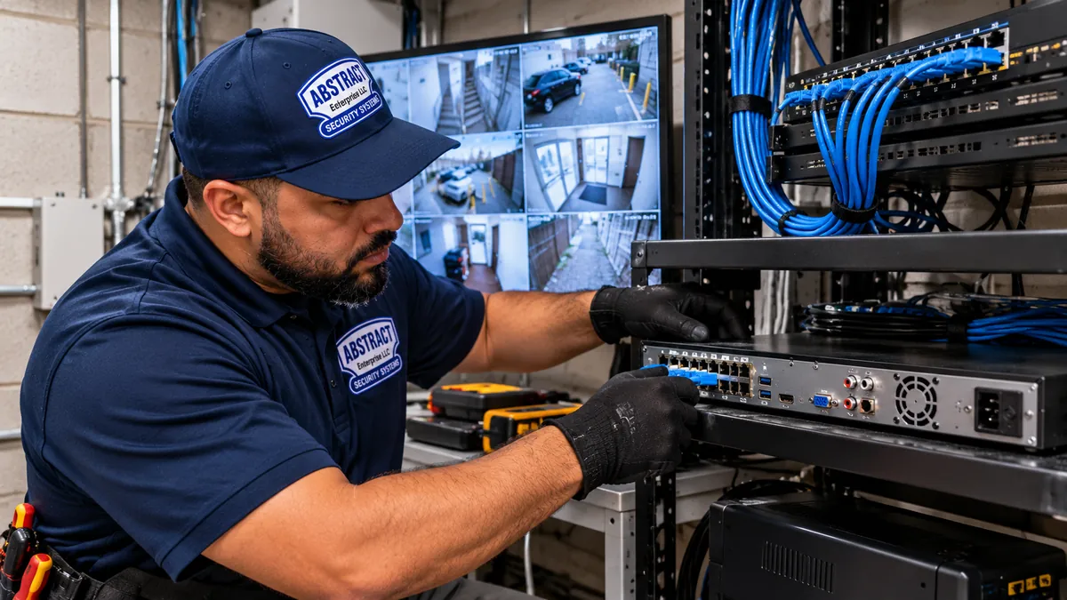 Technician reconnecting cameras at a recorder and PoE switch - the Bronx camera repair