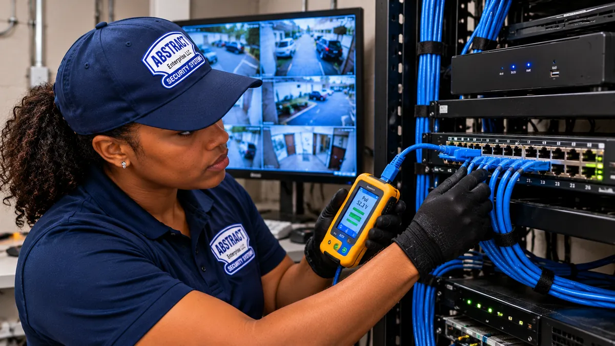 Technician measuring PoE voltage at a network switch - Long Island camera repair