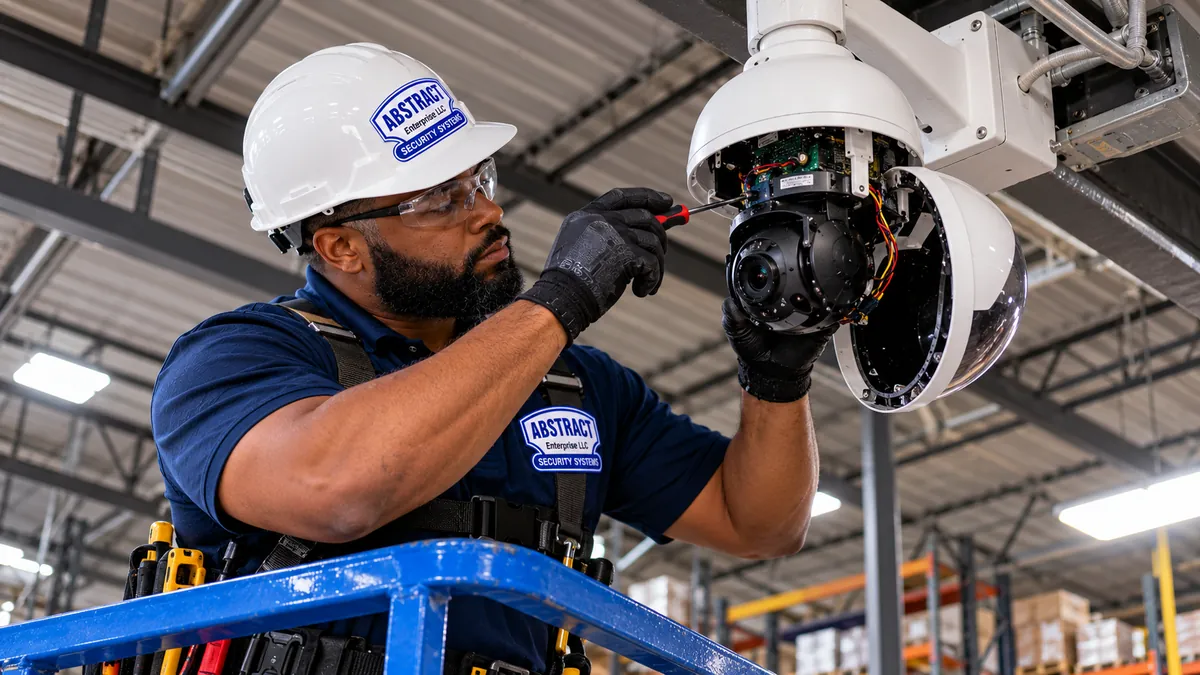 Technician repairing a PTZ camera in a warehouse from a lift - Brooklyn camera repair