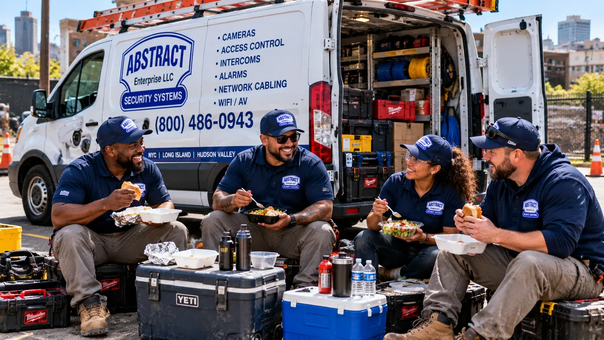 Abstract Enterprises repair crew on a break beside the service van - Queens camera repair