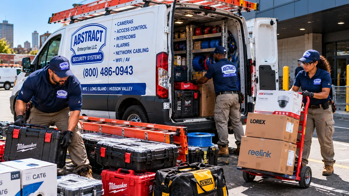 Technicians loading replacement cameras and parts into the service van - Long Island camera repair