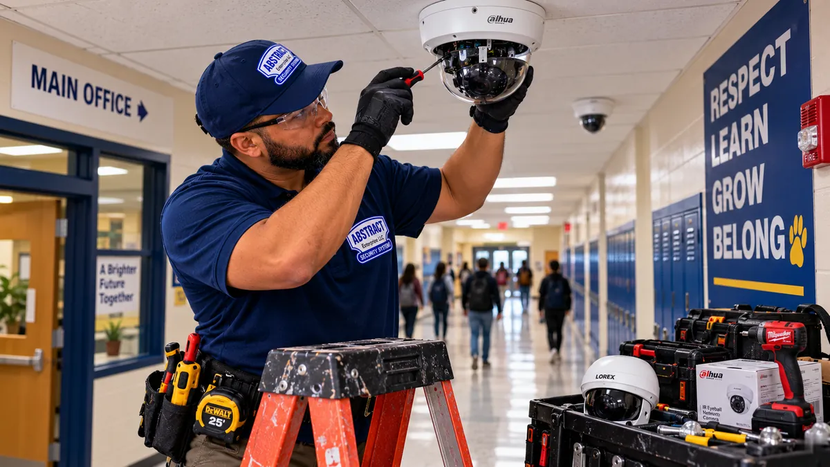 Technician repairing a ceiling dome camera in a school hallway - the Bronx camera repair