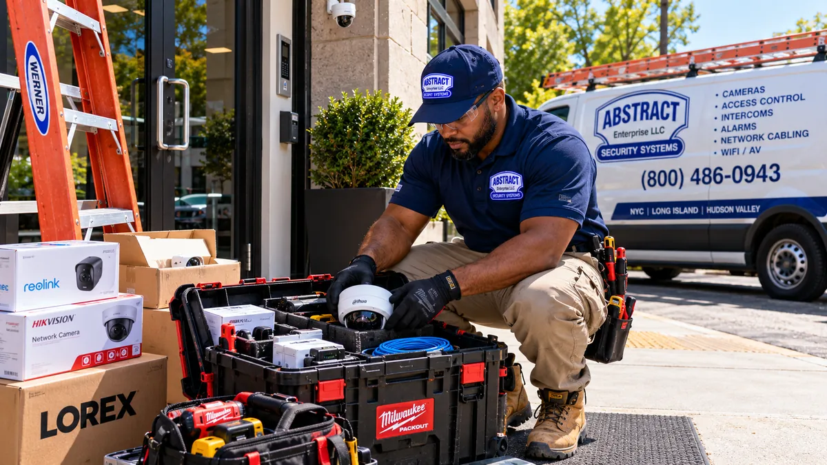 Technician unpacking a replacement dome camera at a job site - Long Island camera repair