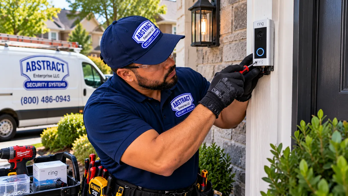 Technician repairing a wired video doorbell at a front door - Queens camera repair