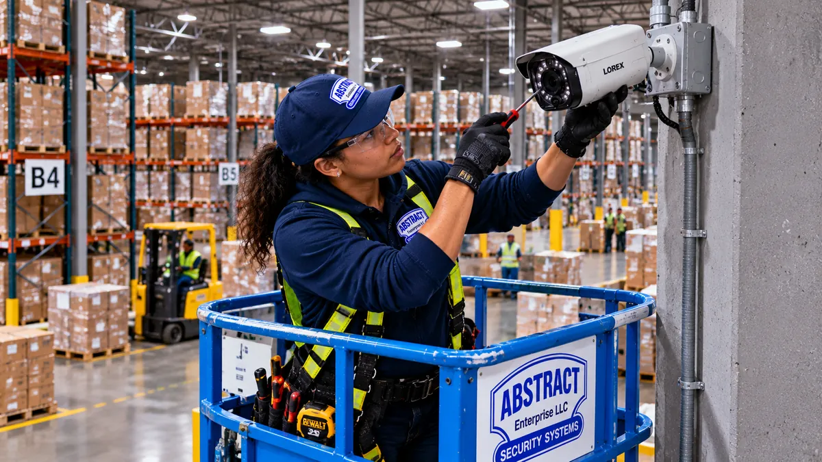 Technician replacing a warehouse bullet camera from a scissor lift - the Bronx camera repair