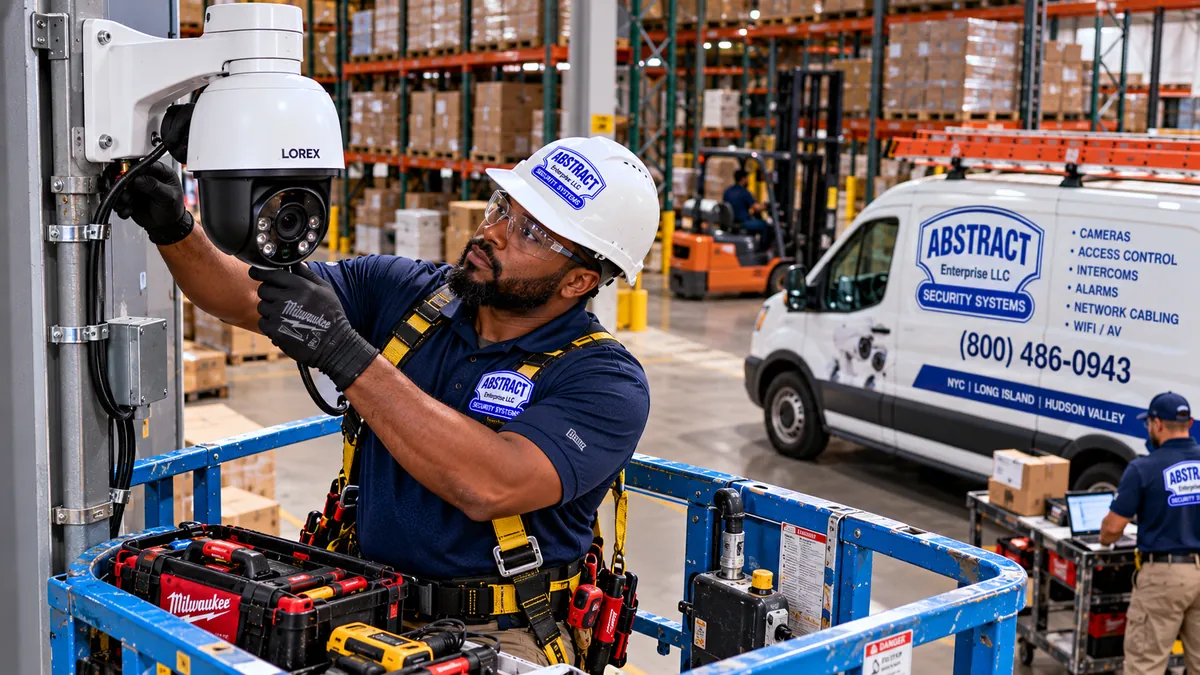 Technician servicing a warehouse PTZ camera from a lift in Long Island