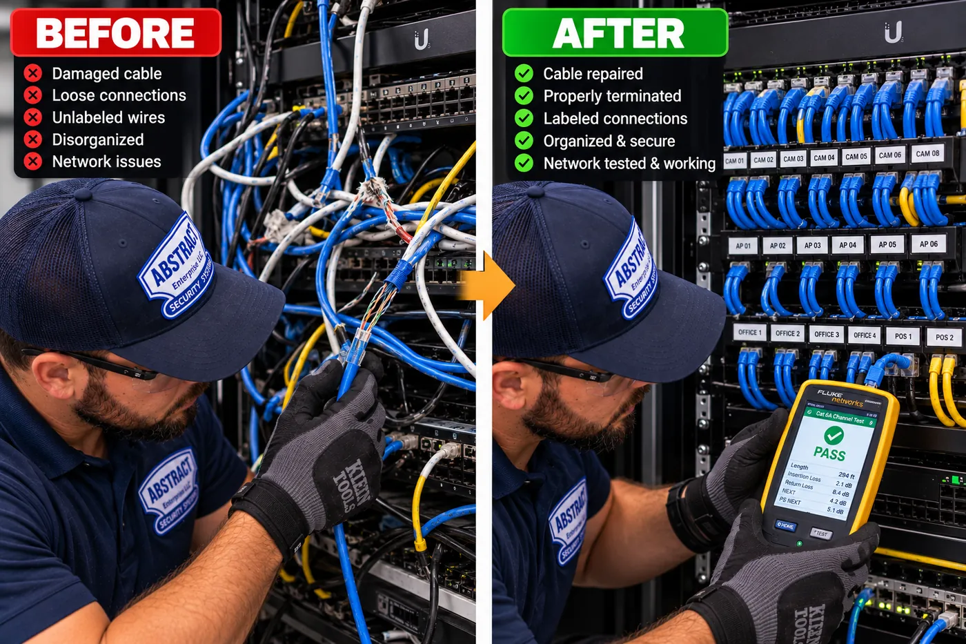 Before and after Cat6 repair in the Hudson Valley: a tangled rack with damaged, unlabeled cable next to the same rack re-terminated, labeled and passing a certification test