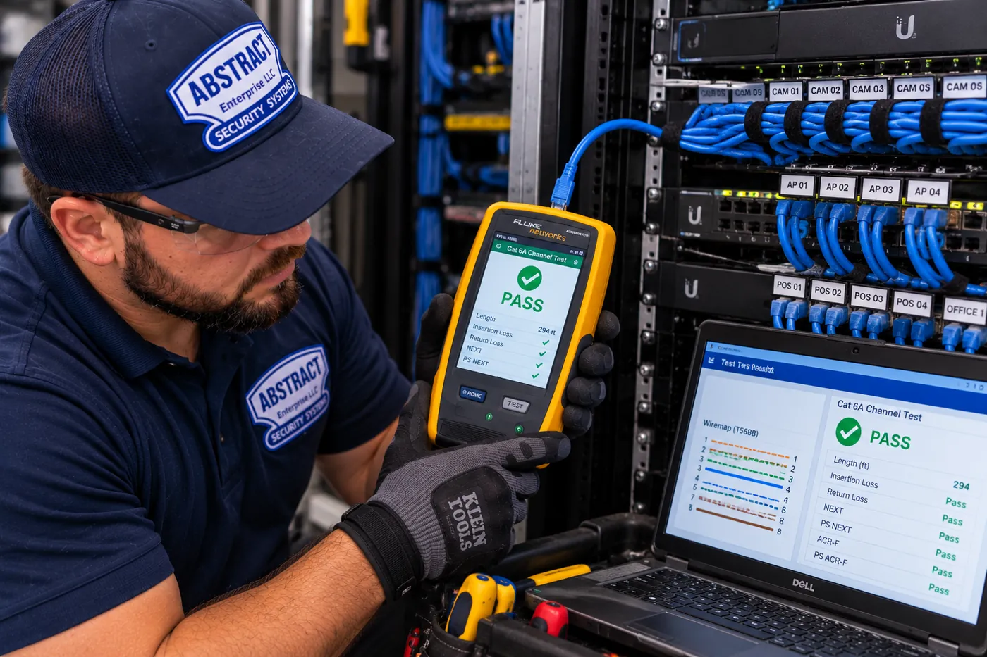 AESS technician reviewing passing Cat6 test results on a certifier and laptop next to a labeled rack in the Hudson Valley