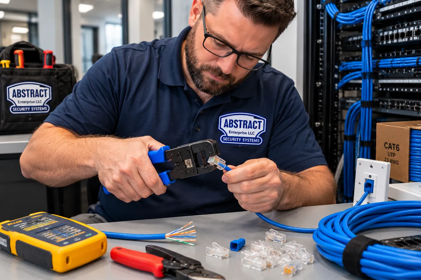AESS technician crimping a new RJ45 connector onto Cat6 cable during a repair in the Hudson Valley