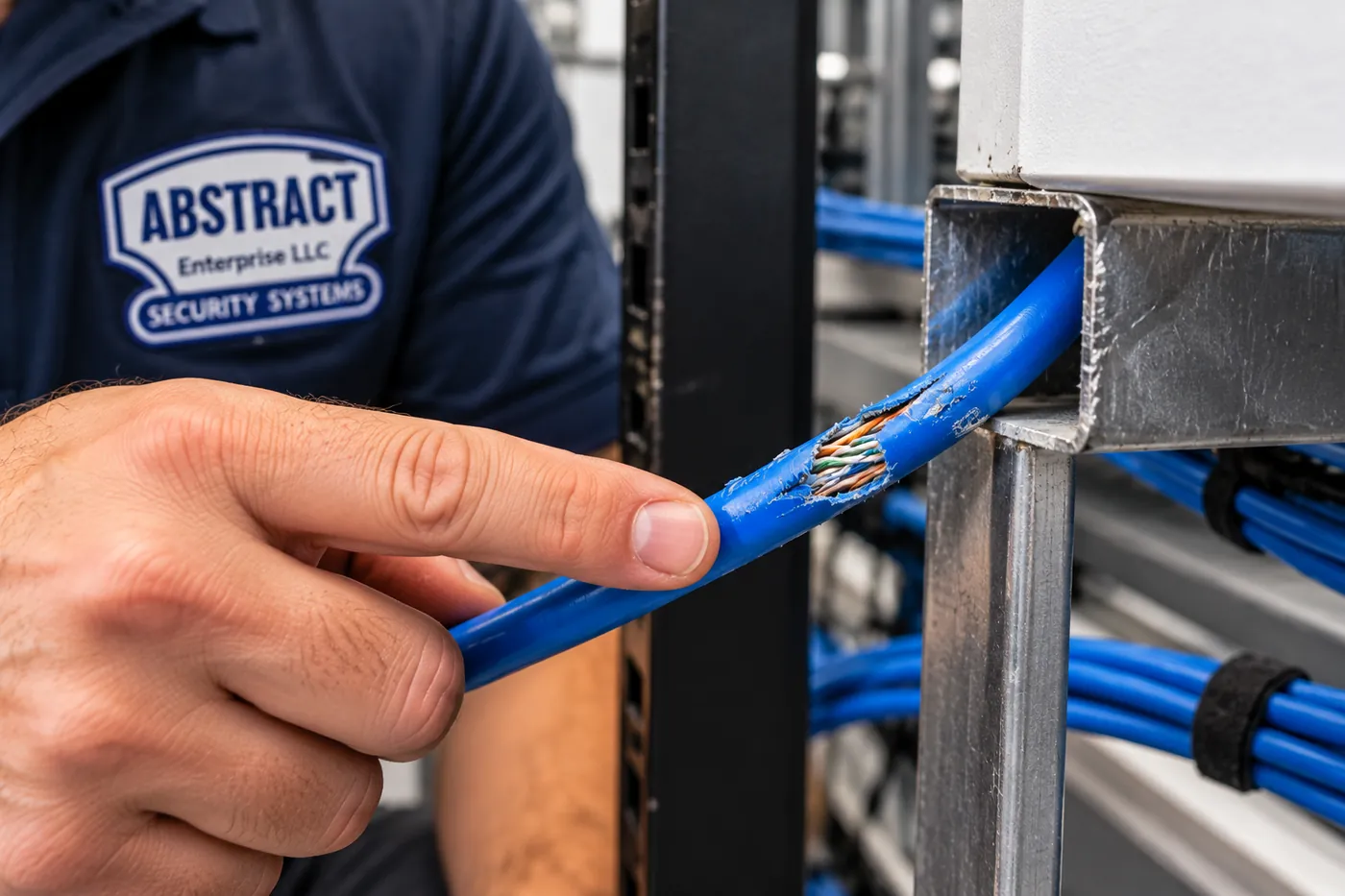 AESS technician pointing to a Cat6 cable with a torn jacket and exposed pairs where it rubbed a metal edge in the Hudson Valley