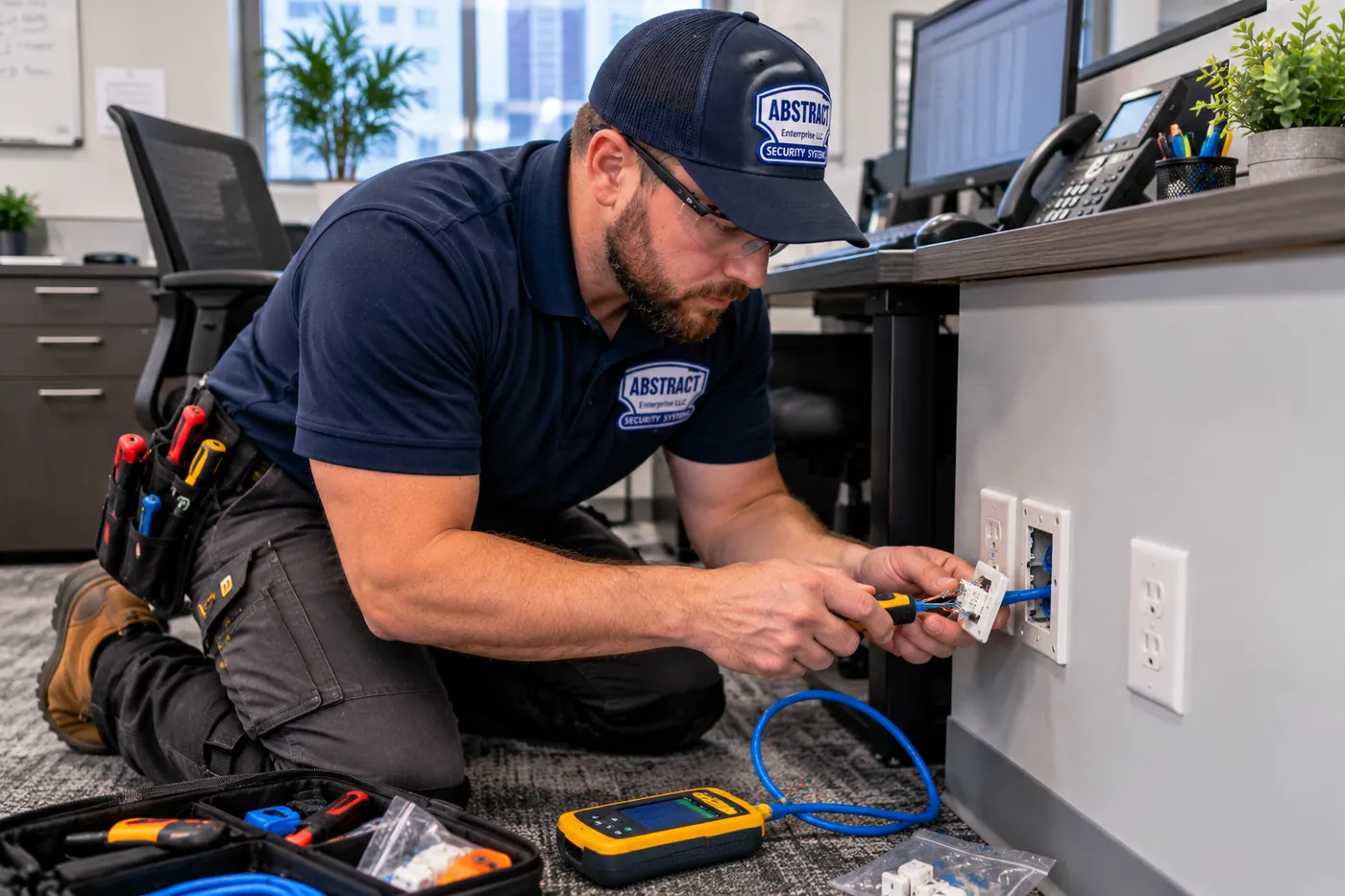 AESS technician re-terminating an office wall data jack during a Cat6 repair in the Hudson Valley