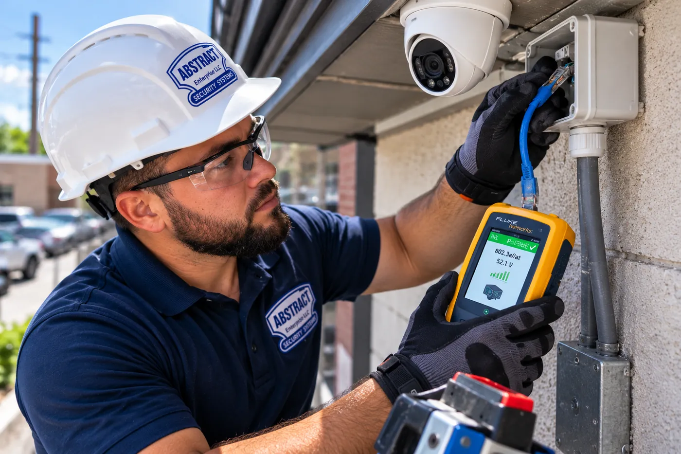 AESS technician testing PoE on the Cat6 cable feeding an outdoor security camera in the Hudson Valley