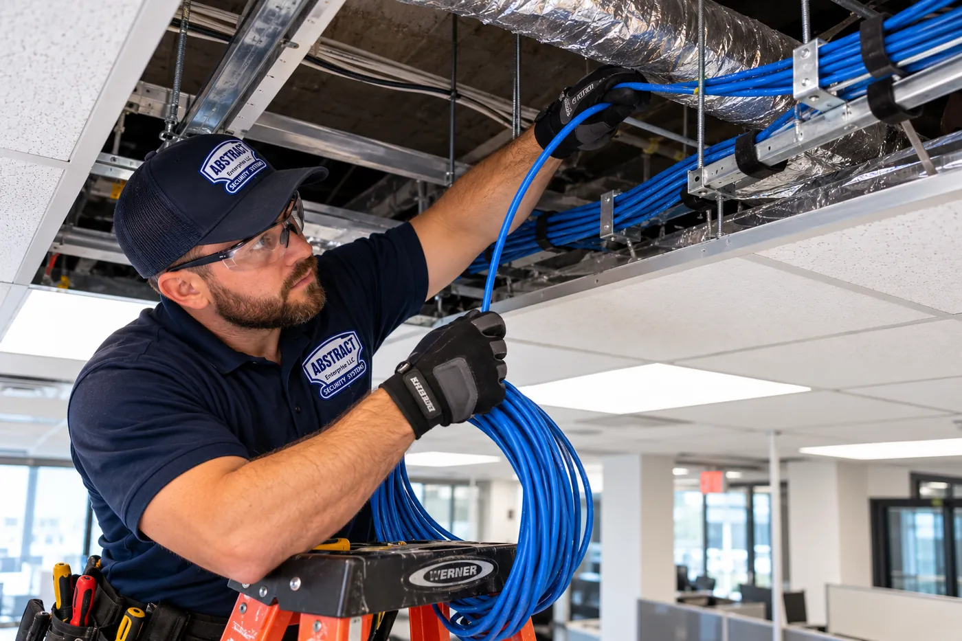 AESS technician pulling a new Cat6 run above a drop ceiling along a supported cable tray in the Hudson Valley
