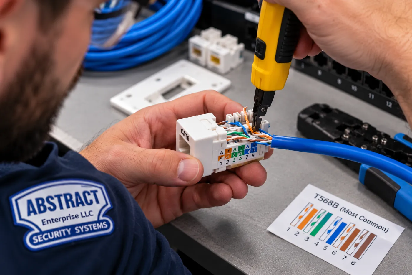 AESS technician punching down a Cat6 keystone jack to the T568B color code during a repair in the Hudson Valley