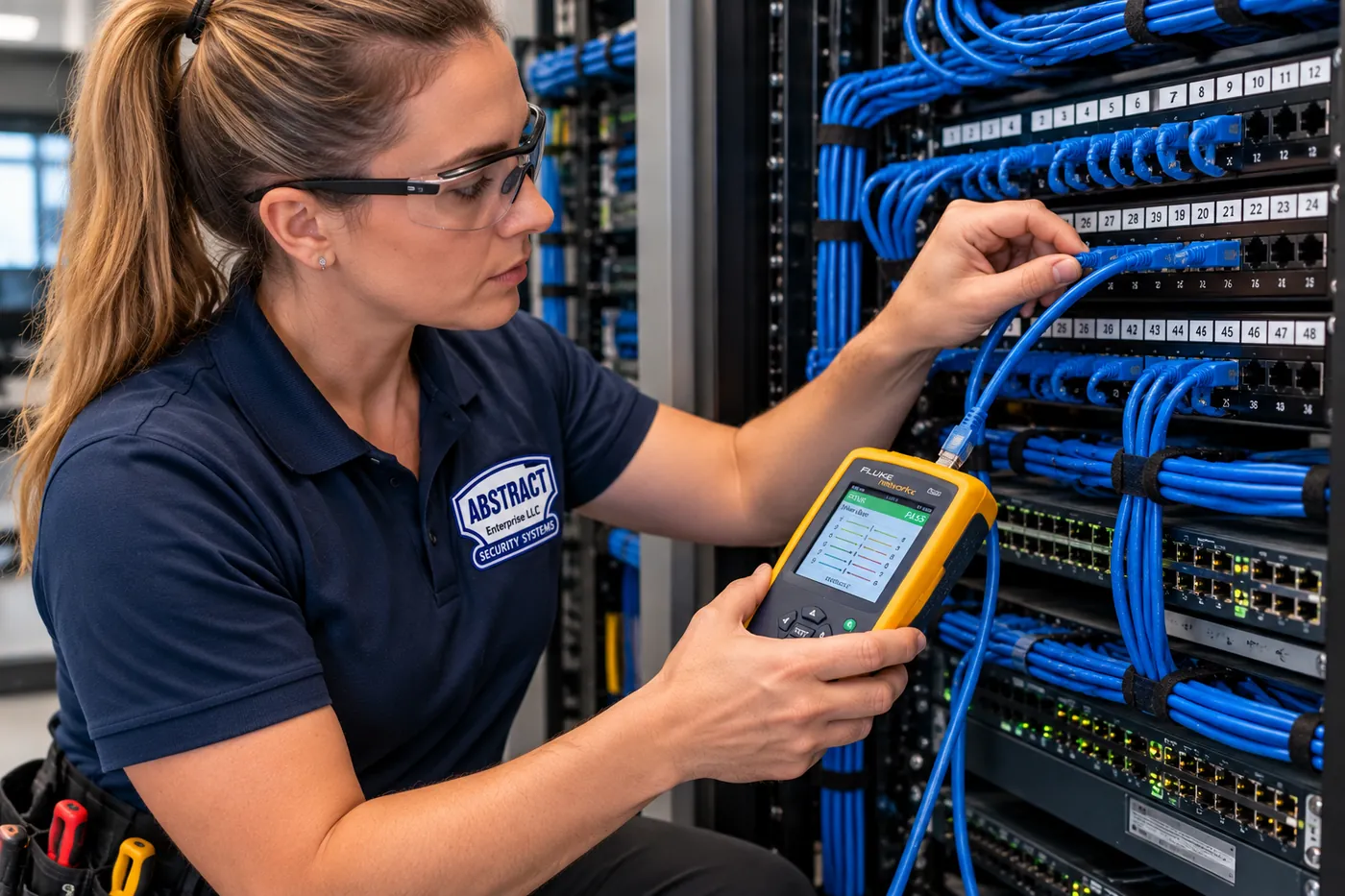 AESS technician testing a Cat6 link from a numbered patch panel during a repair in the Hudson Valley