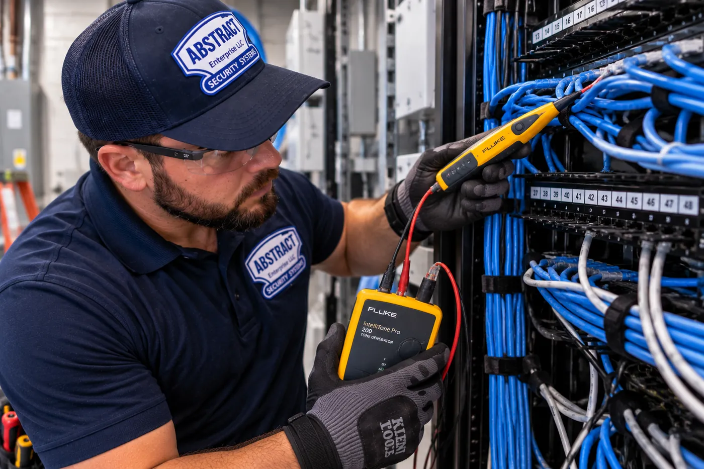 AESS technician using a tone generator and probe to trace a Cat6 cable at the rack in the Hudson Valley