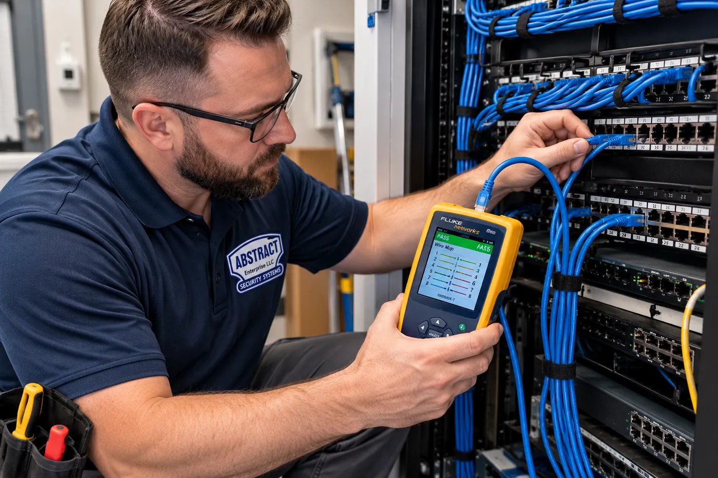 AESS technician running a wire-map test on a Cat6 run at the patch panel during a repair in the Hudson Valley